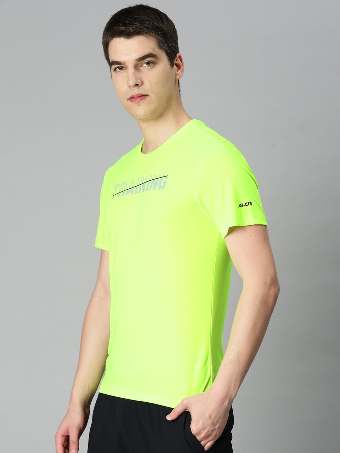 Alcis Men Fluorescent Green Typography Printed Anti Static Slim Fit Sports T-shirt