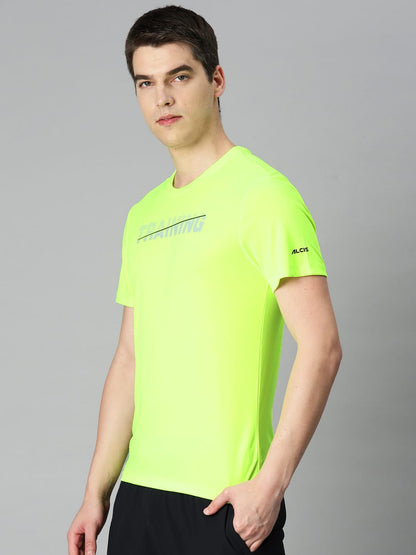 Alcis Men Fluorescent Green Typography Printed Anti Static Slim Fit Sports T-shirt