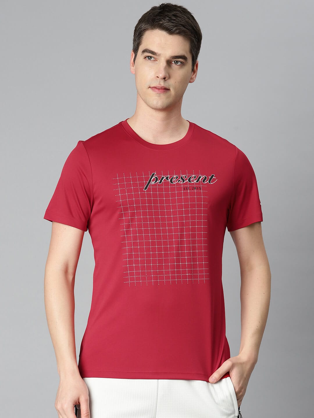 Alcis Men Red Typography Printed Anti Static Slim Fit Sports T-shirt