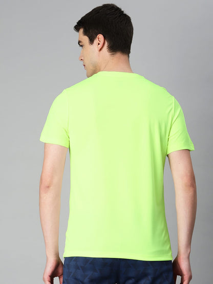 Alcis Men Fluorescent Green Typography Printed Anti Static Slim Fit Sports T-shirt