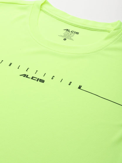 Alcis Men Fluorescent Green Typography Printed Anti Static Slim Fit Sports T-shirt