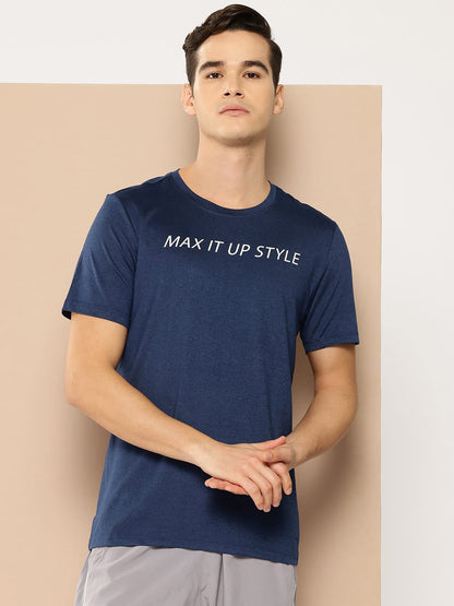 Alcis Men Navy Blue Typography Printed Anti Static Slim Fit Sports T-shirt