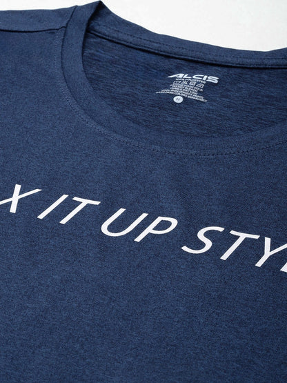 Alcis Men Navy Blue Typography Printed Anti Static Slim Fit Sports T-shirt