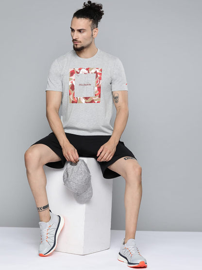 Alcis Men Grey Melange Typography Printed Slim Fit Gym T-shirt