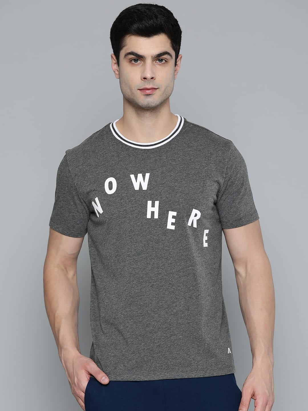 Alcis Men Charcoal Grey White Typography Printed T-shirt