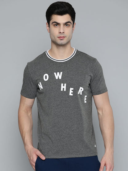 Alcis Men Charcoal Grey White Typography Printed T-shirt