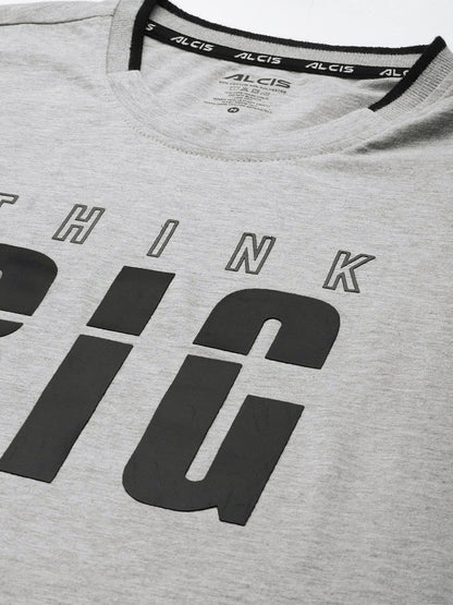 Alcis Men Grey Melange Black Typography Printed T-shirt