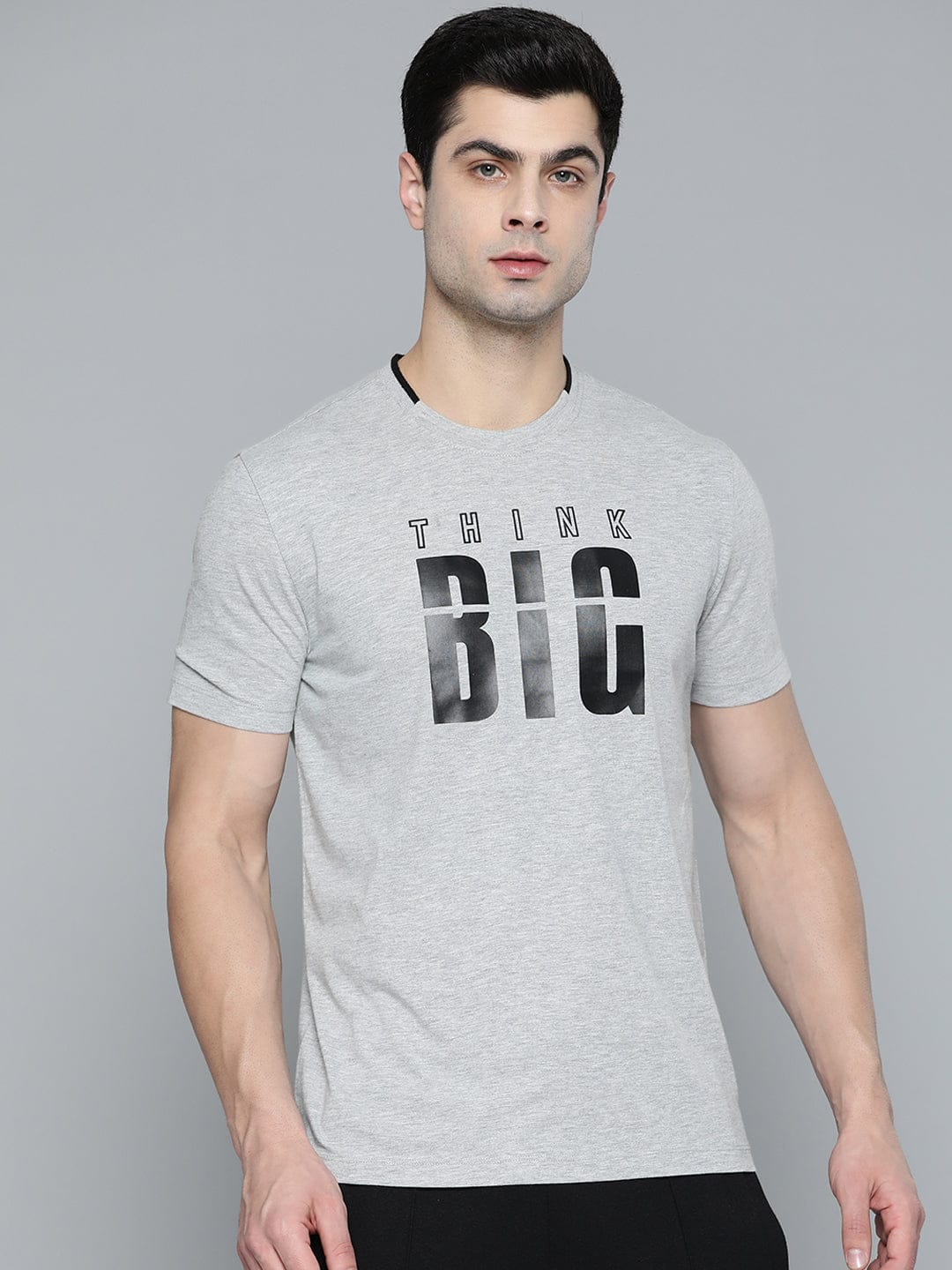 Alcis Men Grey Melange  Black Typography Printed T-shirt