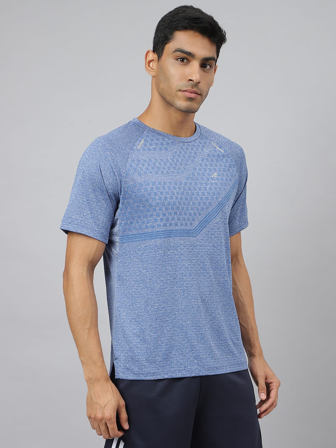 Alcis Men Blue Heather Anti-Static Slim-Fit Round Neck Distance Running T-Shirt