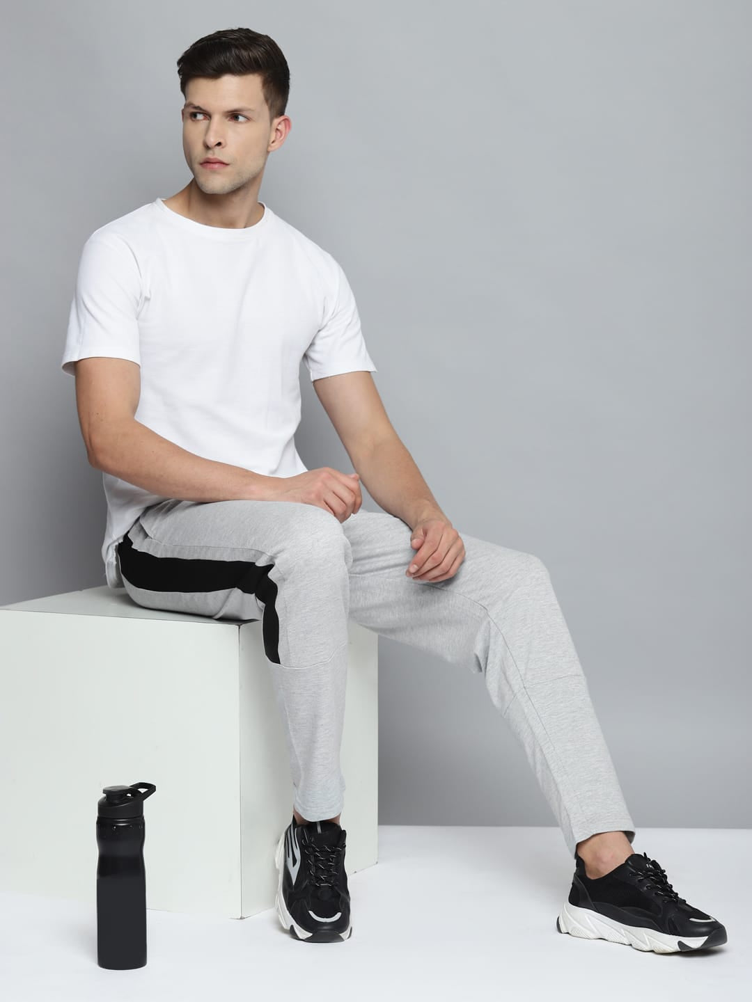 Alcis Men Grey Melange Solid Track Pants with Side Stripe Detail