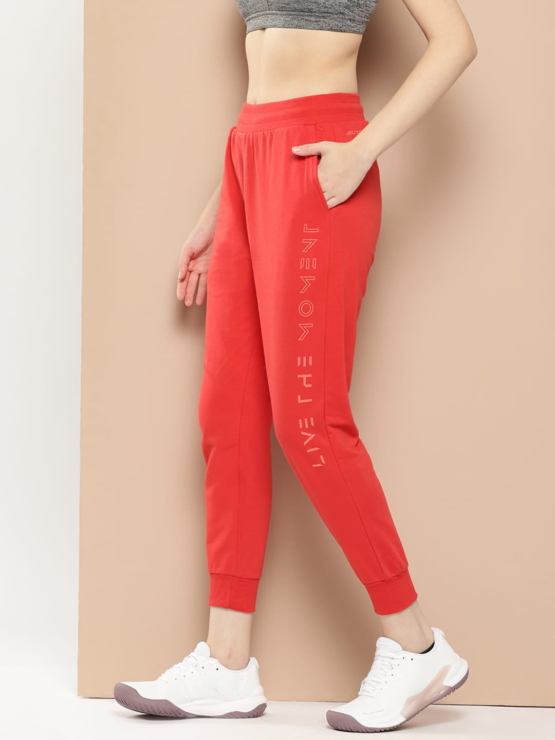 Alcis Women Coral Red Slim Fit Cropped Running Joggers