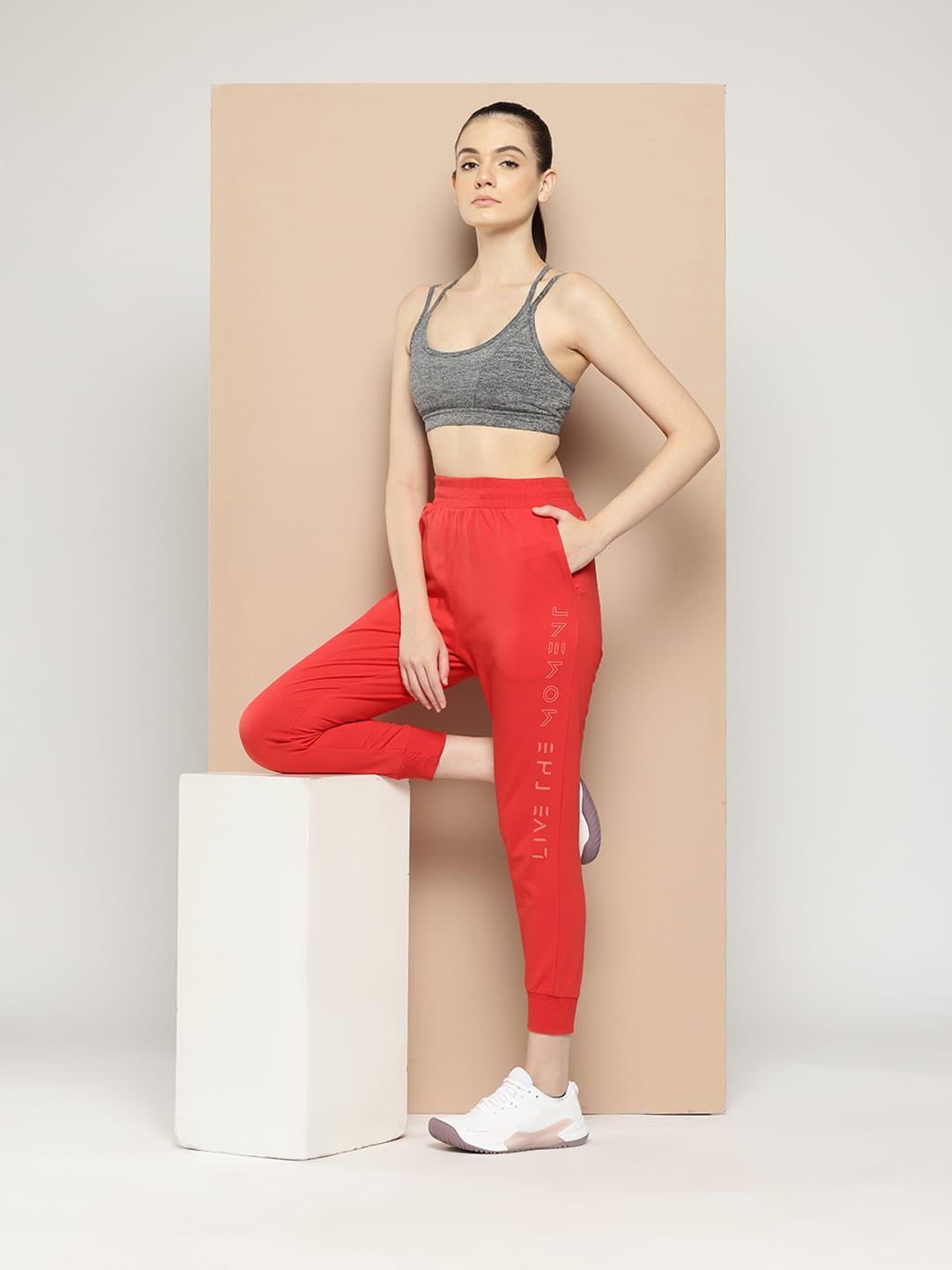 Alcis Women Coral Red Slim Fit Cropped Running Joggers