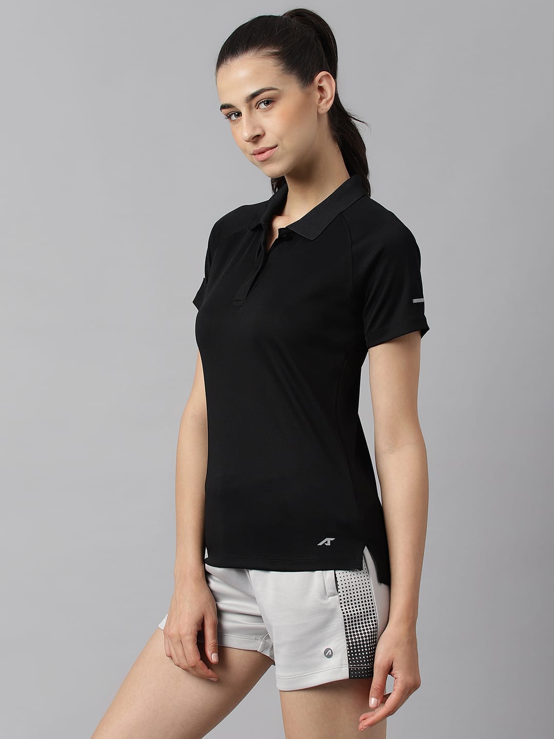 Alcis Women Black Tech-Fit Anti-Static Soft-Touch Slim-Fit Training Polo T-Shirt