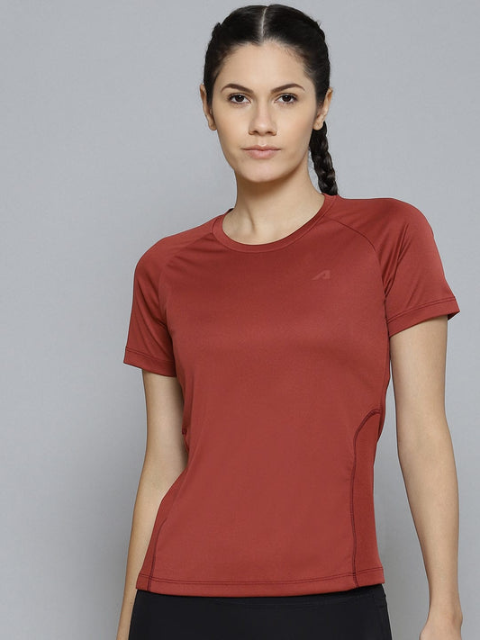 Alcis Women Rust Red Slim Fit Training or Gym T-shirt