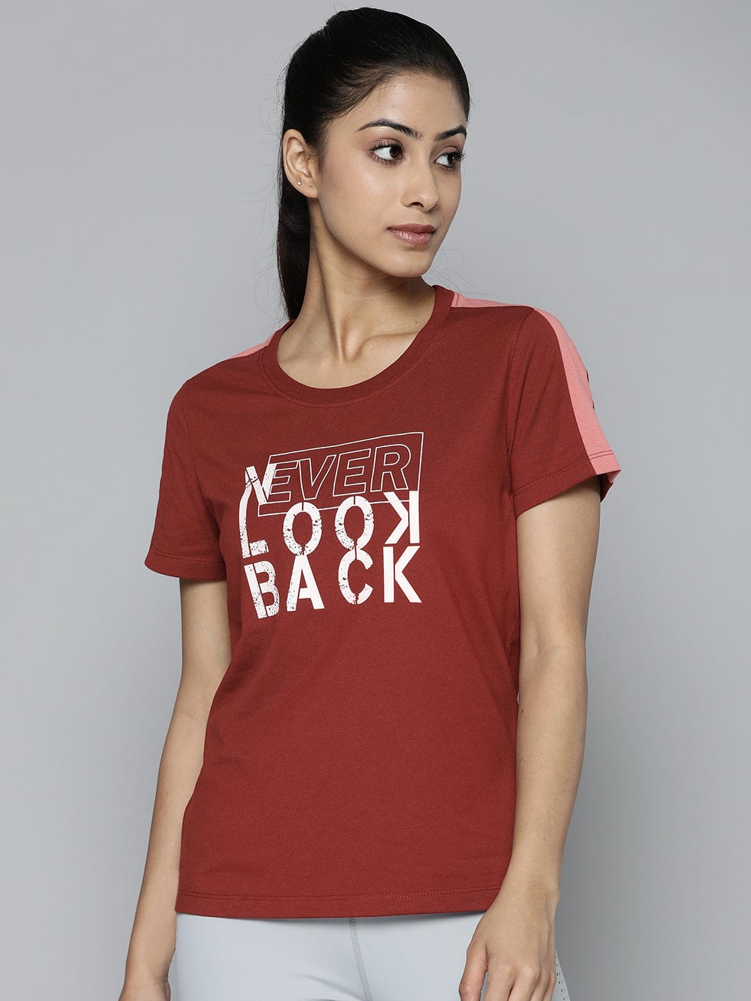 Women Rust Red & White Typography Printed Slim Fit Training or Gym T-shirt