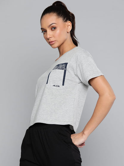 Alcis Women Grey Melange Typography Printed Slim Fit T-shirt