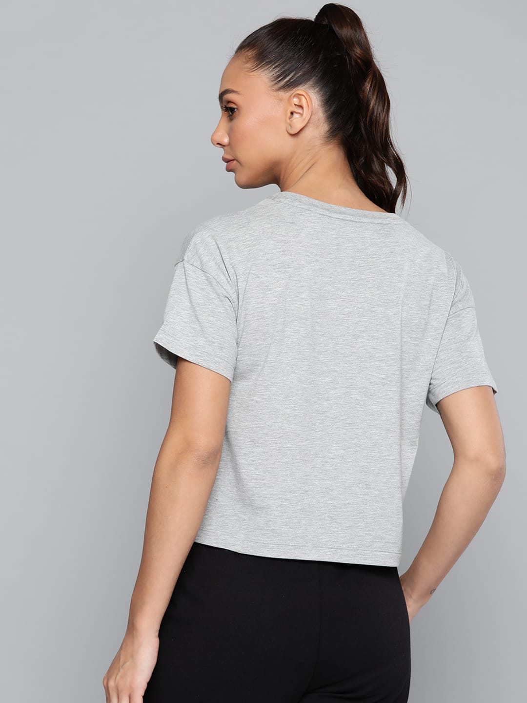 Alcis Women Grey Melange Typography Printed Slim Fit T-shirt