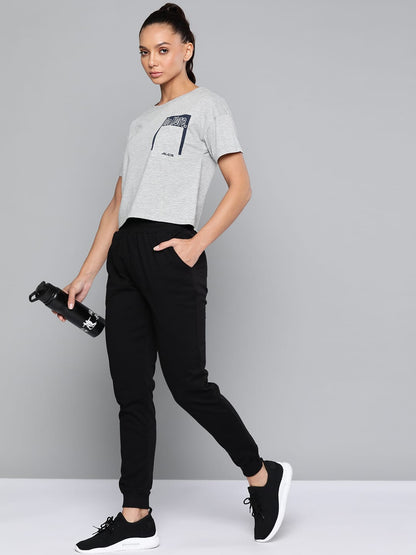 Alcis Women Grey Melange Typography Printed Slim Fit T-shirt