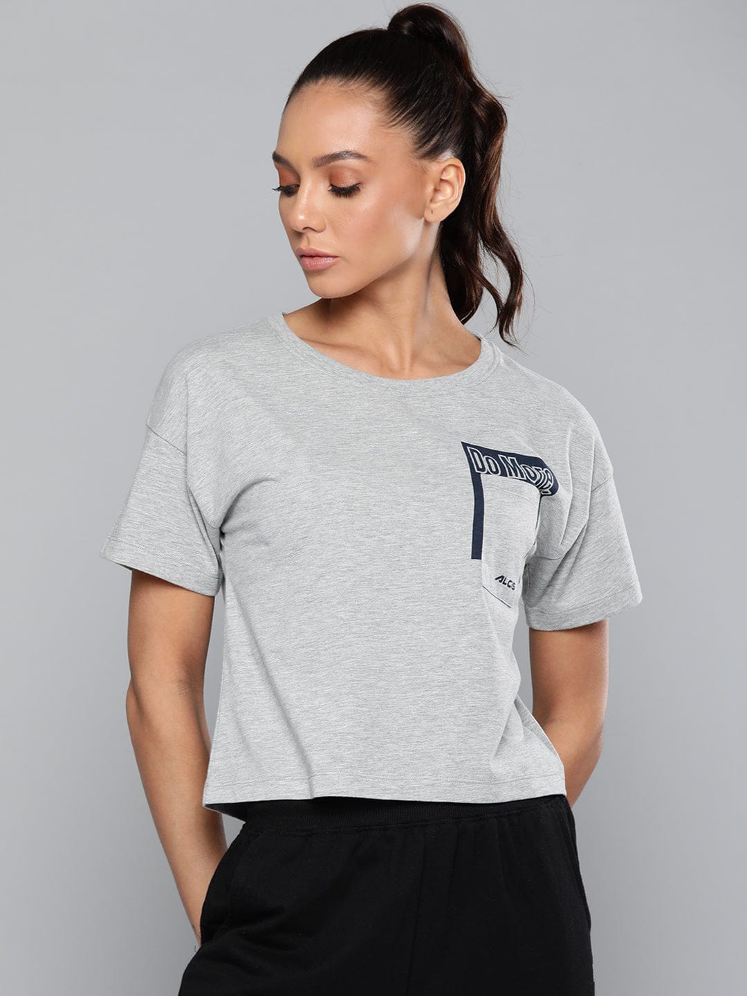 Alcis Women Grey Melange Typography Printed Slim Fit T-shirt