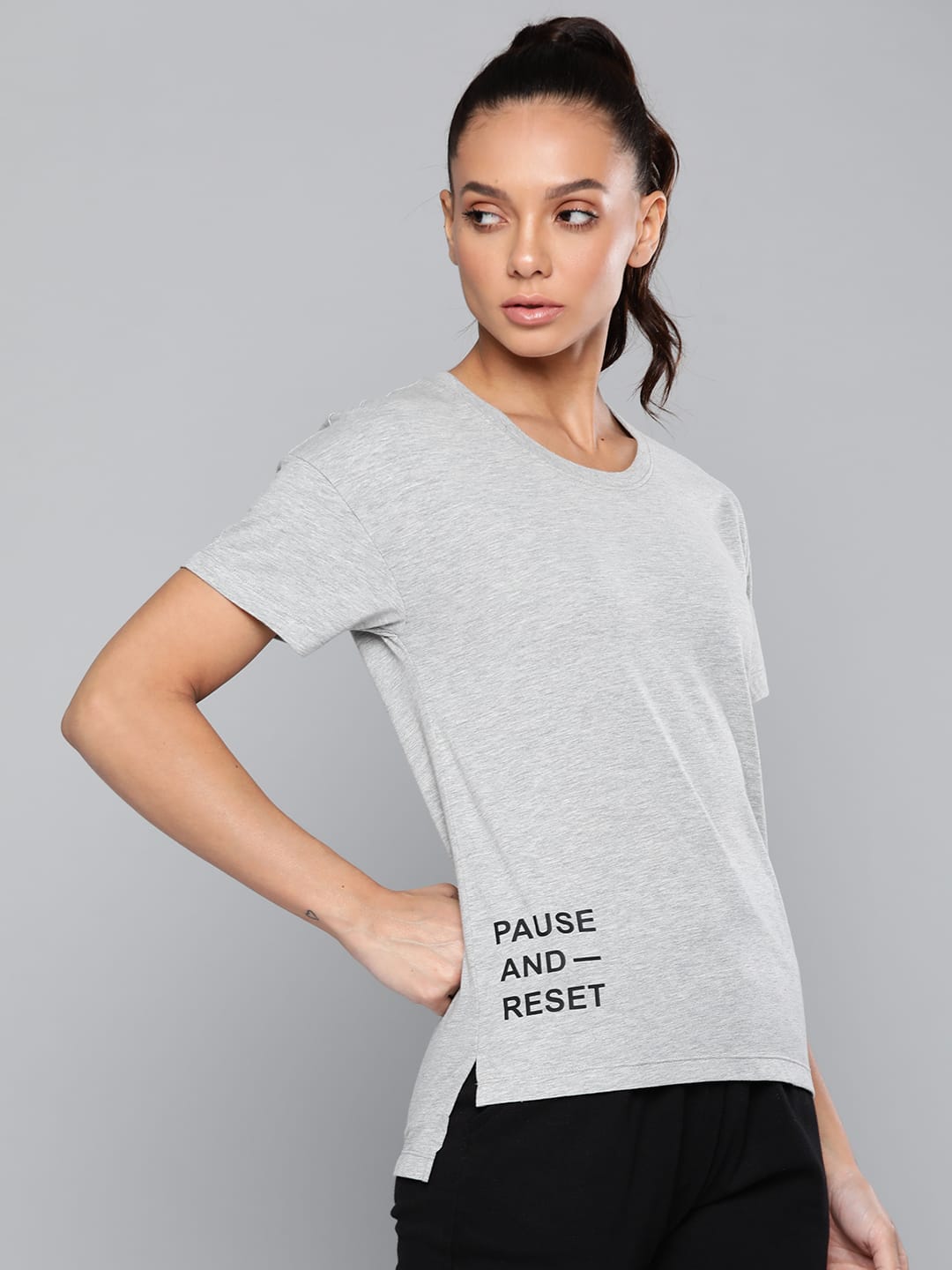Alcis Women Grey Melange Typography Printed Slim Fit T-shirt