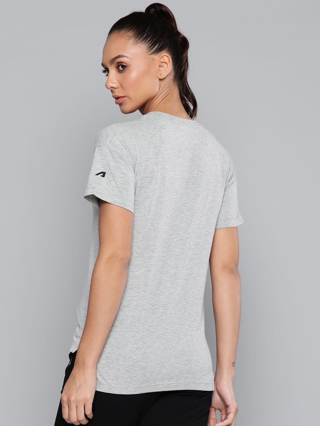 Alcis Women Grey Melange Typography Printed Slim Fit T-shirt