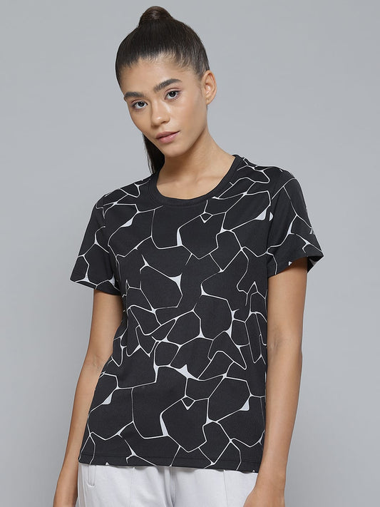 Alcis Women Black  White Printed Monochrome Slim Fit T-shirt