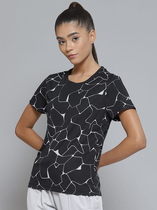 Alcis Women Black White Printed Monochrome Slim Fit T-shirt