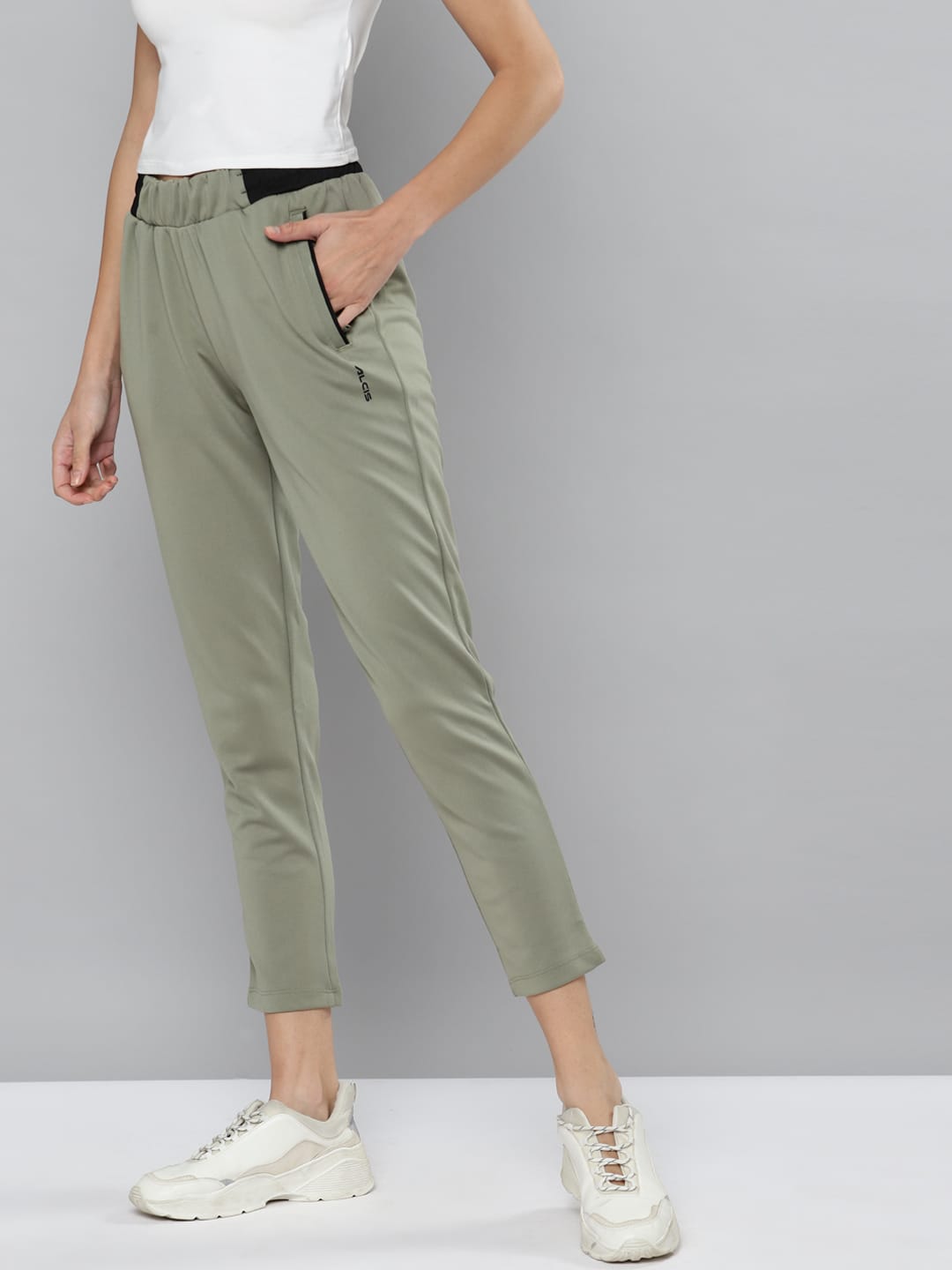 Alcis Women Olive Green Solid Slim Fit Track Pants