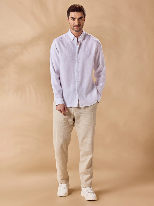 Mens Regular Fit Solid White Casual Linen Shirt