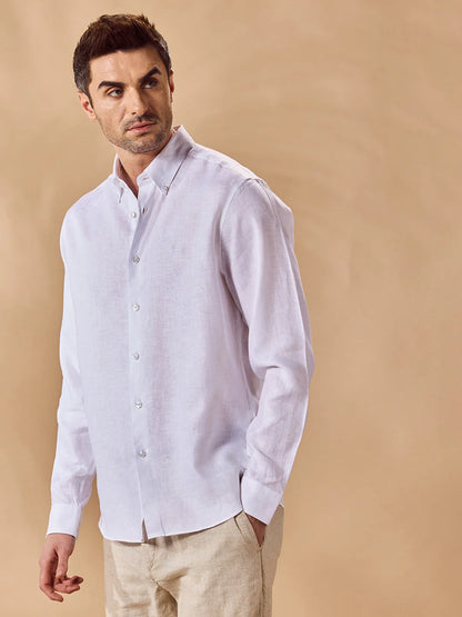 Mens Regular Fit Solid White Casual Linen Shirt
