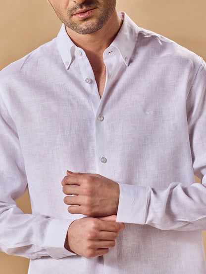 Mens Regular Fit Solid White Casual Linen Shirt