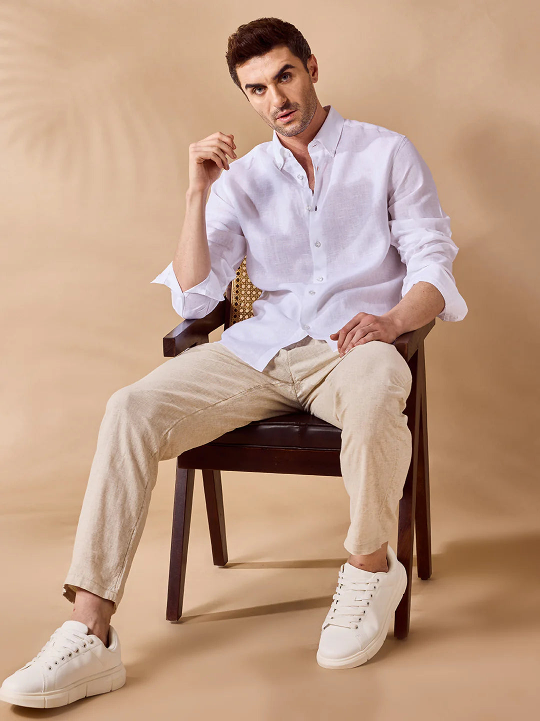 Mens Regular Fit Solid White Casual Linen Shirt