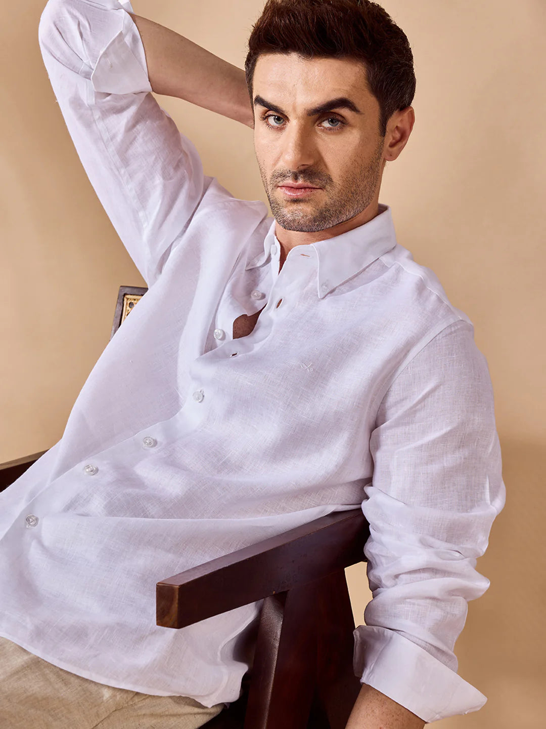 Mens Regular Fit Solid White Casual Linen Shirt