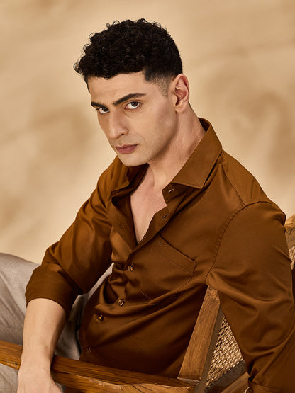 Aldeno Men Satin Stretch Formal Golden Shirt (STEVE)