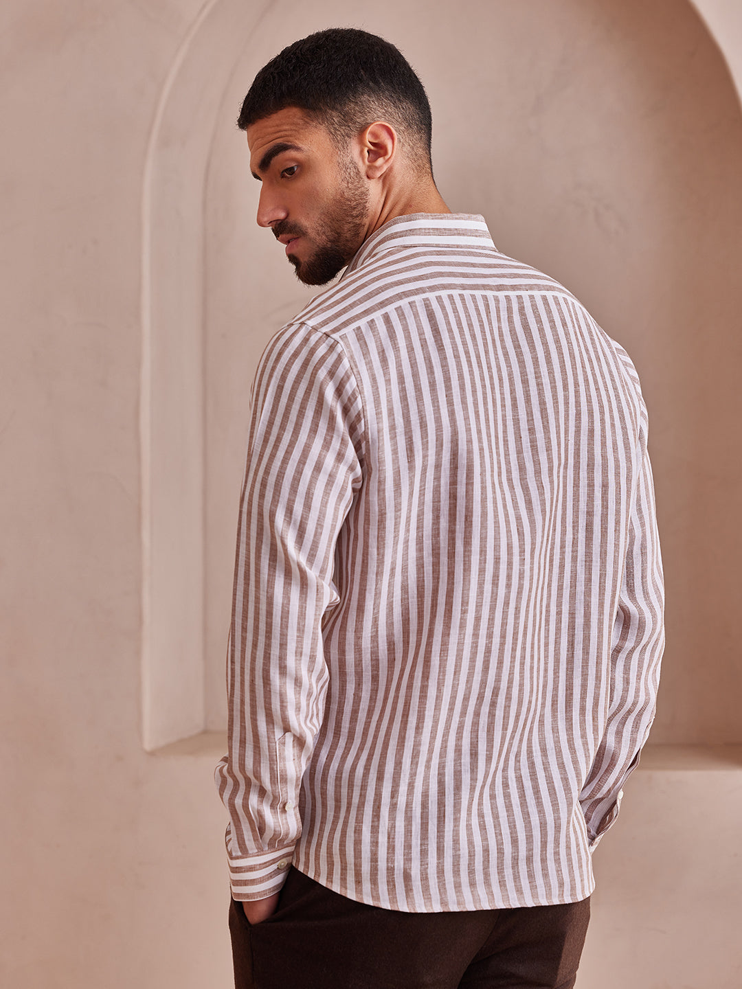 Aldeno Men Regular Fit Stripe Brown and white stripe Linen Shirt (MAZY)