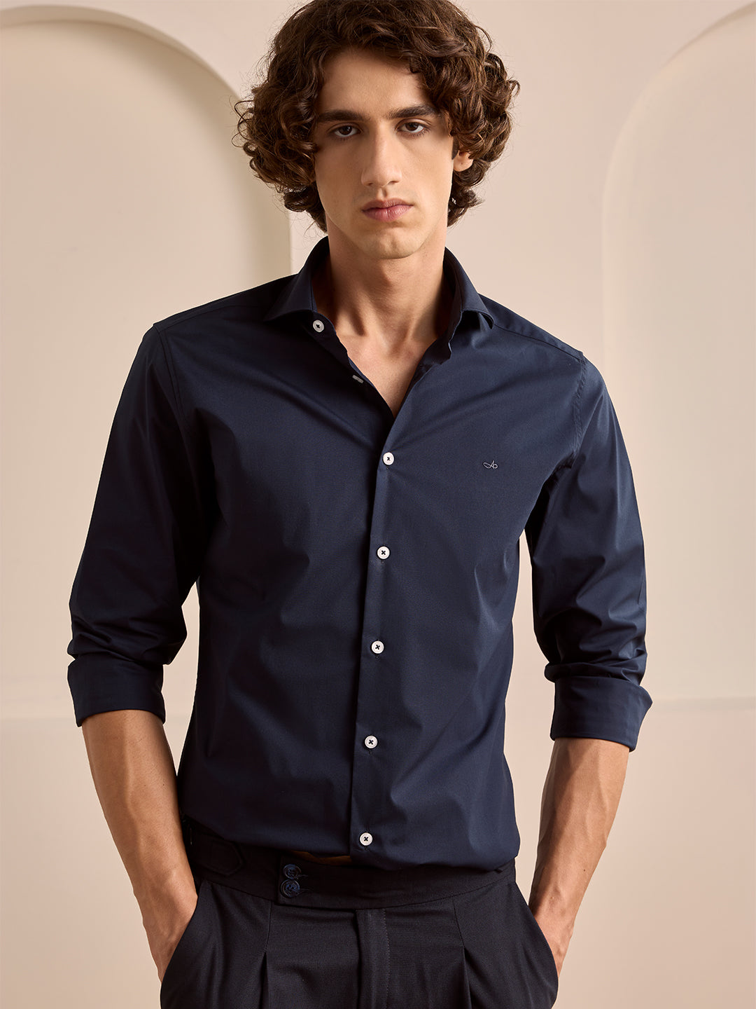 Navy Blue Slim Fit Solid Casual Poplin Shirt for Men (LADED)