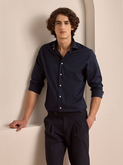 Navy Blue Slim Fit Solid Casual Poplin Shirt for Men (LADED)