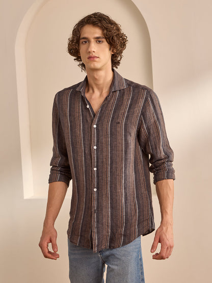 Brown Slim Fit Striped Casual Linen Shirt for Men