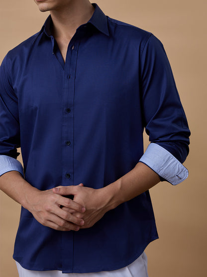 Navy Blue Regular Fit Solid Casual Satin Shirt for Men (BENED)