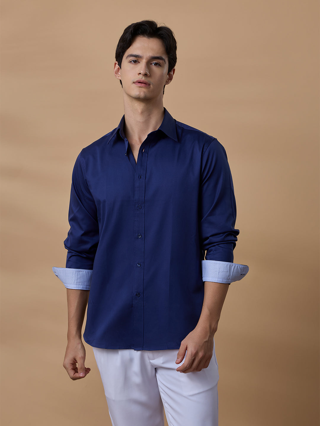Navy Blue Regular Fit Solid Casual Satin Shirt for Men (BENED)
