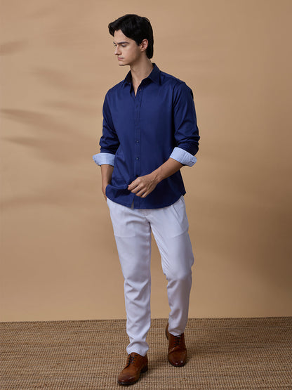 Navy Blue Regular Fit Solid Casual Satin Shirt for Men (BENED)