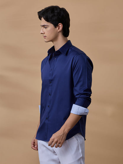 Navy Blue Regular Fit Solid Casual Satin Shirt for Men (BENED)