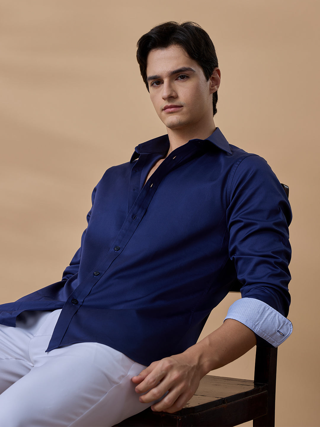Navy Blue Regular Fit Solid Casual Satin Shirt for Men (BENED)
