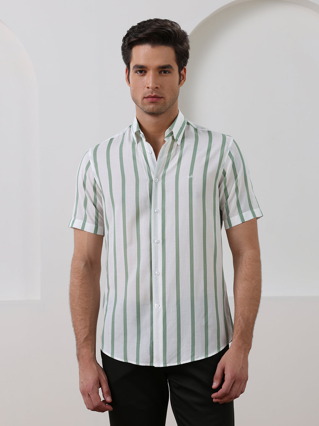 Green Regular Fit Striped Casual Cotton Blend Shirt for Men (CODEX)