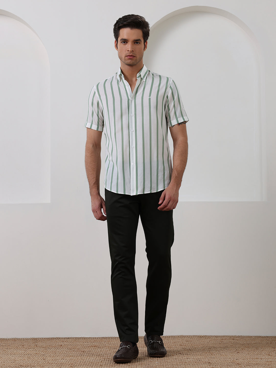 Green Regular Fit Striped Casual Cotton Blend Shirt for Men (CODEX)
