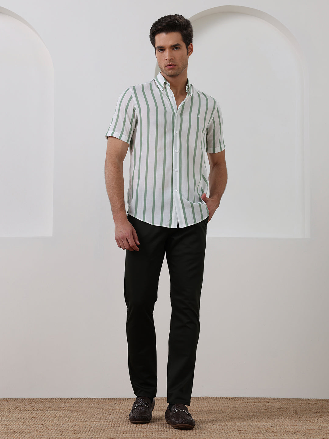 Green Regular Fit Striped Casual Cotton Blend Shirt for Men (CODEX)
