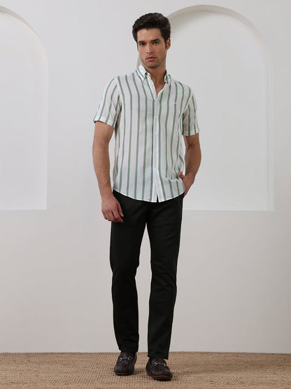 Green Regular Fit Striped Casual Cotton Blend Shirt for Men (CODEX)