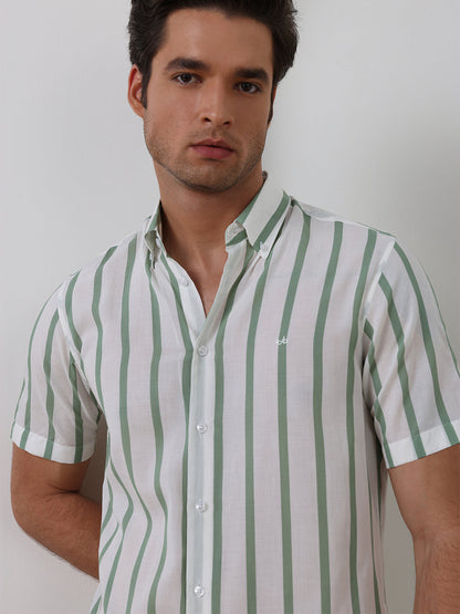Green Regular Fit Striped Casual Cotton Blend Shirt for Men (CODEX)