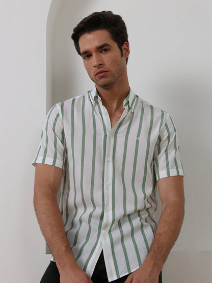 Green Regular Fit Striped Casual Cotton Blend Shirt for Men (CODEX)