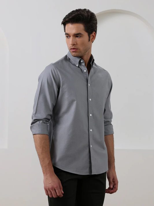 Grey Regular Fit Solid Casual Cotton Shirt